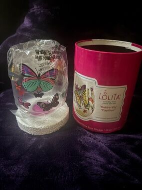 Lolita Butterfly Stemless Glass - Pink, Teal, Purple, Yellow, Black and napkins